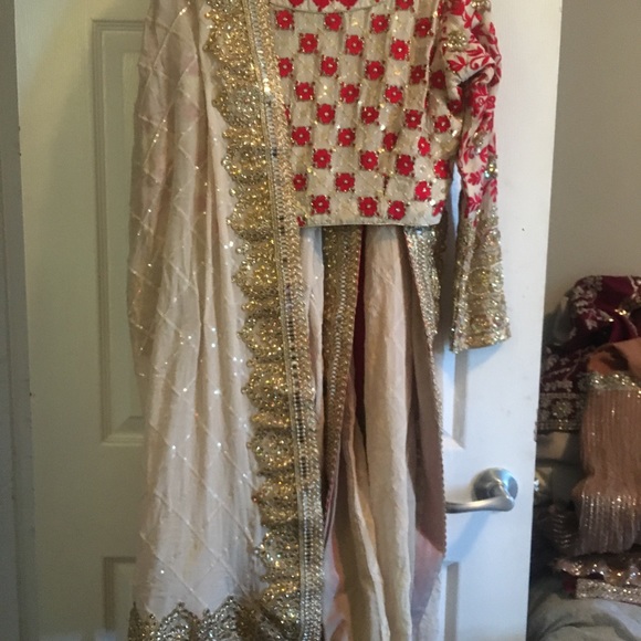 Sharara top and dupatta in cream and red with gold embroidery and beading.Size 8 - Picture 5 of 15